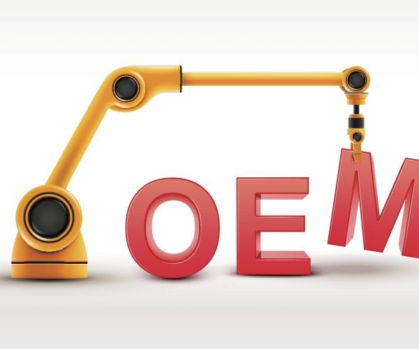 industrial robotic arm building OEM word on white background